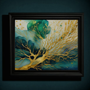 Póster Resumen Paisaje Paintaje Dorado Azul Verde II