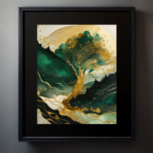 Póster Resumen Paisaje Paintaje Dorado Verde