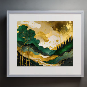 Póster Resumen Paisaje Paintaje Dorado Verde