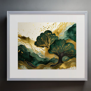 Póster Resumen Paisaje Paintaje Dorado Verde