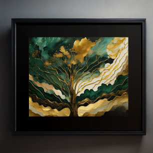 Póster Resumen Paisaje Paintaje Dorado Verde