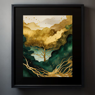 Póster Resumen Paisaje Paintaje Dorado Verde