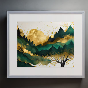 Póster Resumen Paisaje Paintaje Dorado Verde
