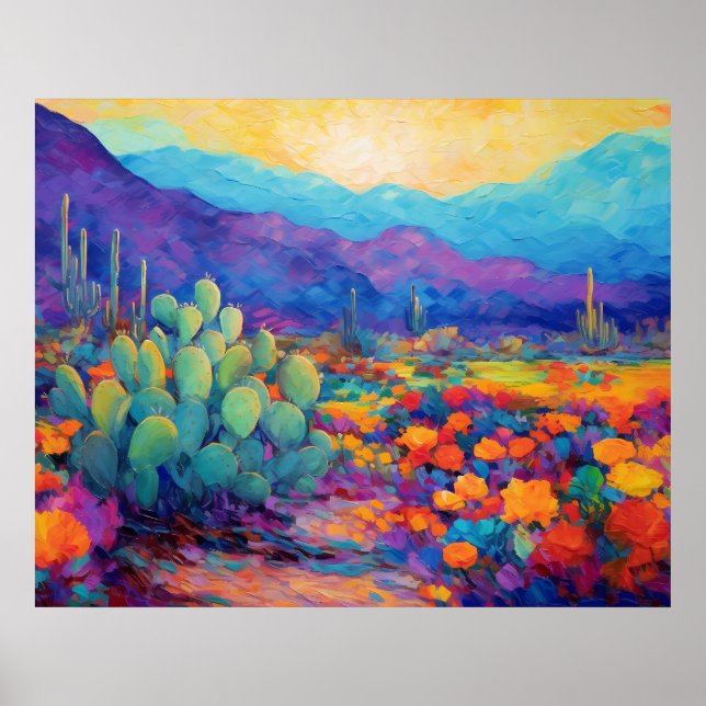 Póster Resumen Pintura de cactus coloridas del desierto (Frente)