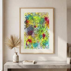 Póster Resumen Vibrante Línea de Doodle Floral Pintura
