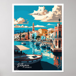 Póster Rethymno Grecia Viaje Ilustracion de cosecha