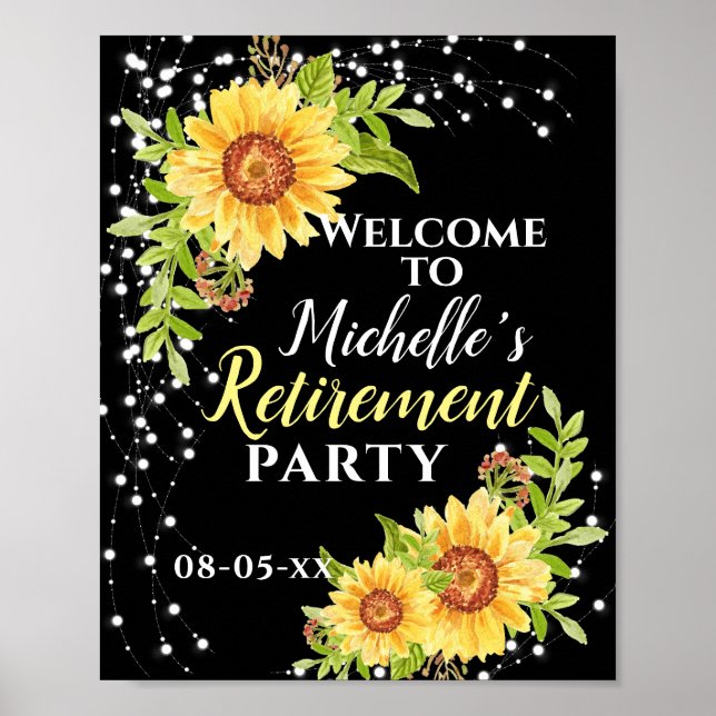 Póster Retirement Floral Sunflower Fiesta Bienvenida Negr (Frente)