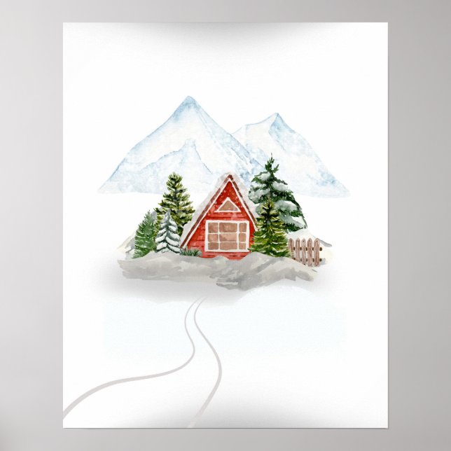 Póster Retiro de montaña nevada: Casa de madera en invier (Frente)