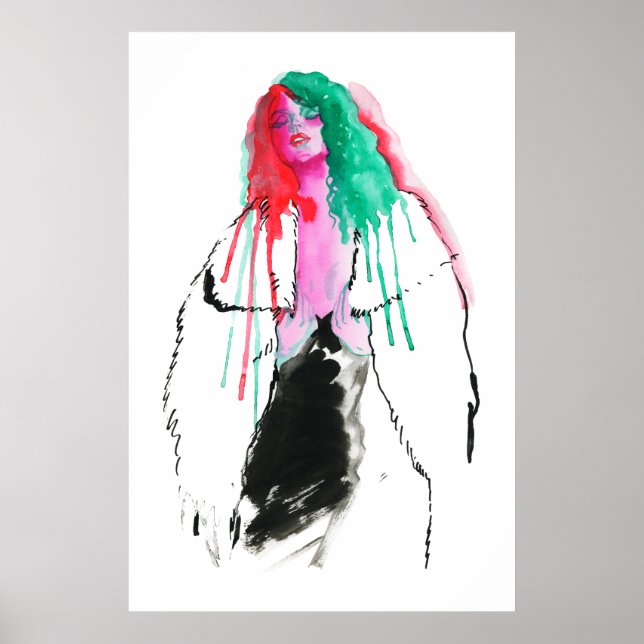 Póster Retrato abstracto de acuarela de una joven, (Frente)
