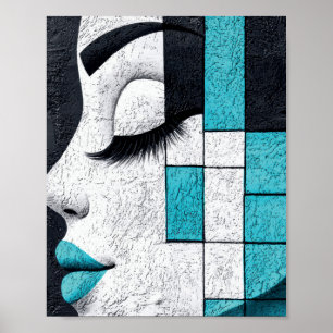 Póster Retrato abstracto de niña con mosaico azul