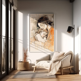 Póster Retrato al Acuarela de Madre e Hijo Klimt Nouveau