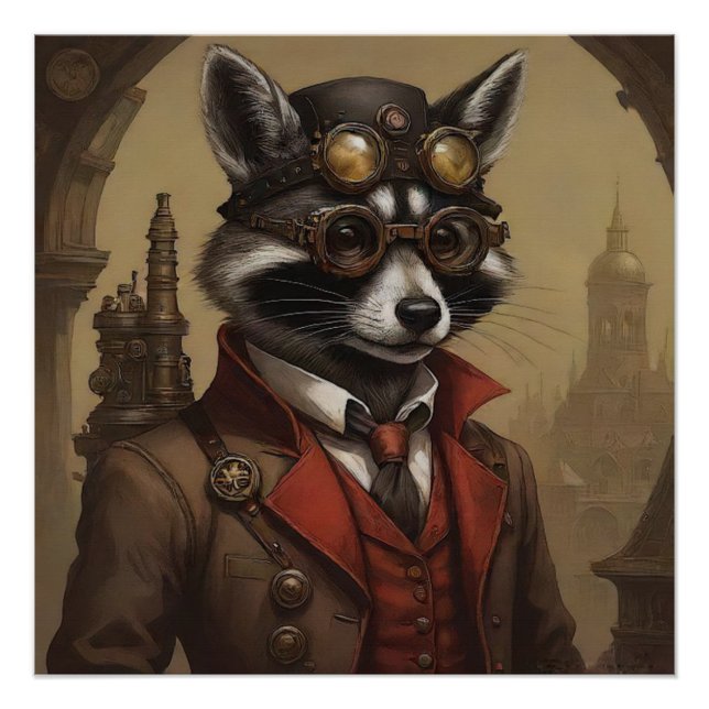 Póster Retrato artístico de Steampunk Raccoon (Anverso)