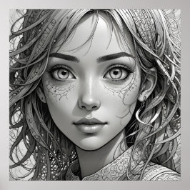 Póster Retrato blanco y negro de chica de anime lindo