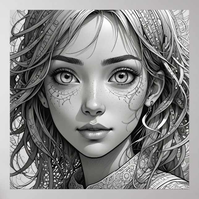 Póster Retrato blanco y negro de chica de anime lindo (Frente)
