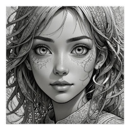 Póster Retrato blanco y negro de chica de anime lindo