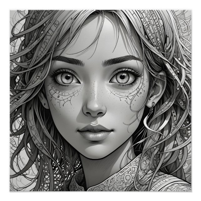 Póster Retrato blanco y negro de chica de anime lindo (Anverso)