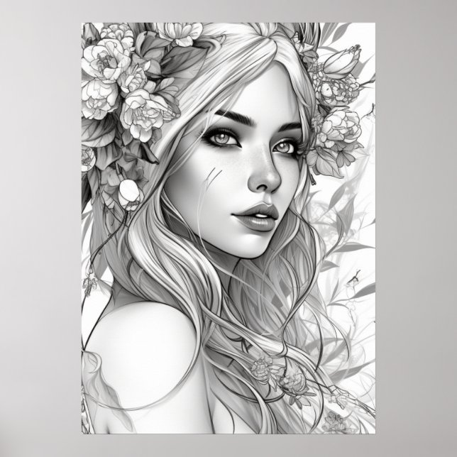 Póster Retrato blanco y negro de mujer hermosa (Frente)