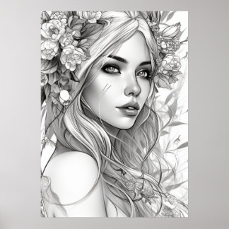 Póster Retrato blanco y negro de mujer hermosa