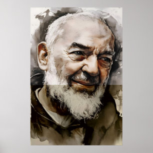 Póster Retrato Católico de San Padre Pío en Acuarela