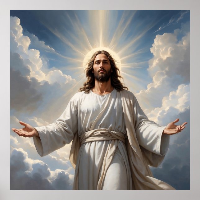 Póster Retrato celestial de Jesús con luz radiante (Frente)