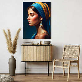 Póster Retrato chica en azul y oro, estilo clásico |