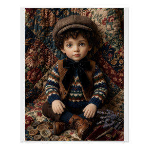 Póster Retrato clásico rústico de niño invernal vintage e