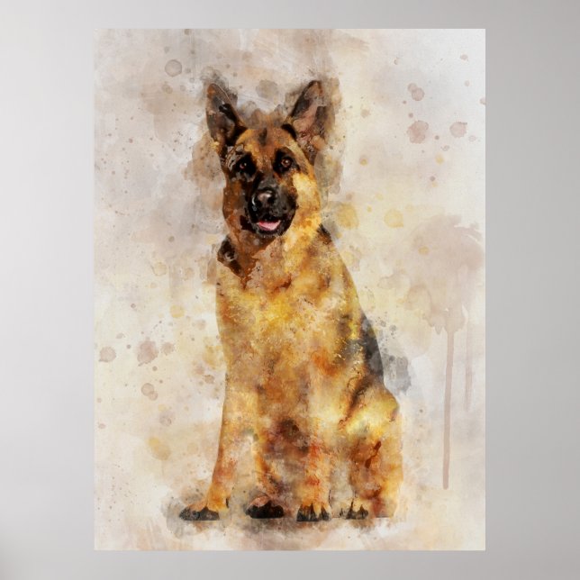 Póster Retrato de acuarela de perro pastor alemán 03 (Frente)