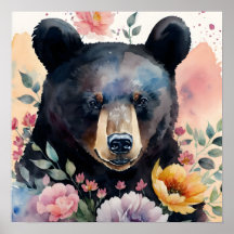 Retrato de acuarela floral de oso negro