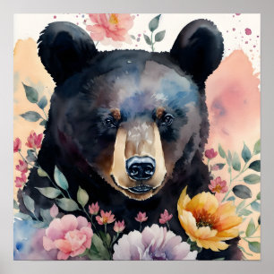 Póster Retrato de acuarela floral de oso negro