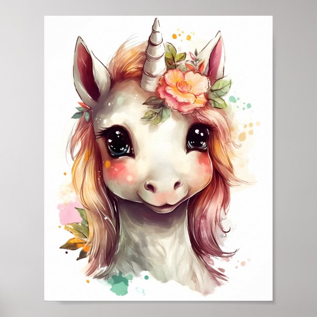 Póster Retrato De Agua Cute Unicornio Con Flores (Frente)