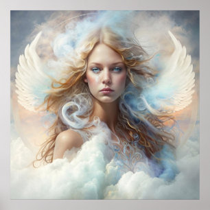 Póster Retrato de ángel rubio con alas blancas y nubes