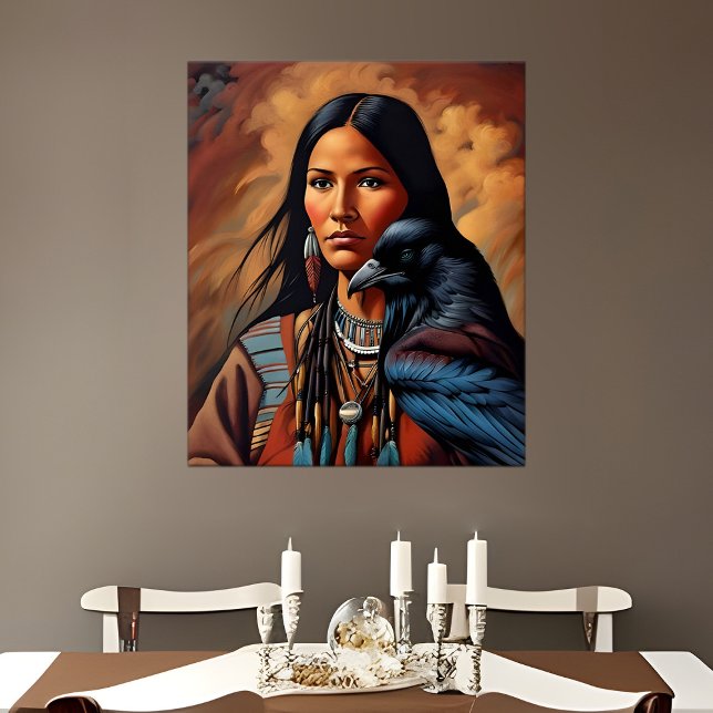 Póster Retrato de animal nativo americano de espíritu de  (Native American woman portrait with Raven spirit animal)