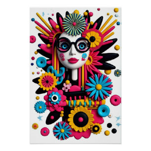 Póster Retrato de arte pop 3D - Abstracto colorido de muj