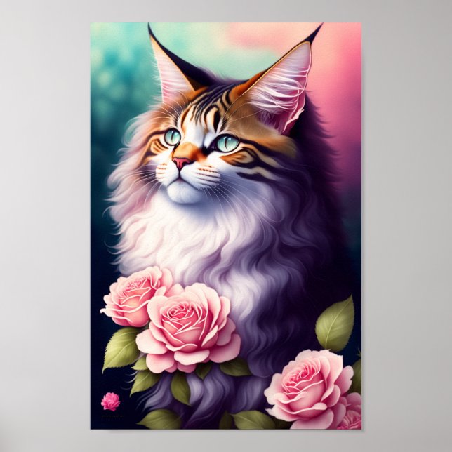 Póster Retrato de bonito Maine Coon y Flores (Frente)