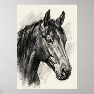 Póster Retrato de caballo Dibujo al carbón Realista Ecues