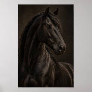 Póster Retrato de caballo negro con luz dramática ecuestr