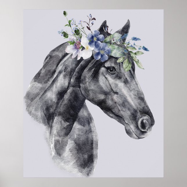 Póster Retrato de caballo negro de flor acuarela (Frente)