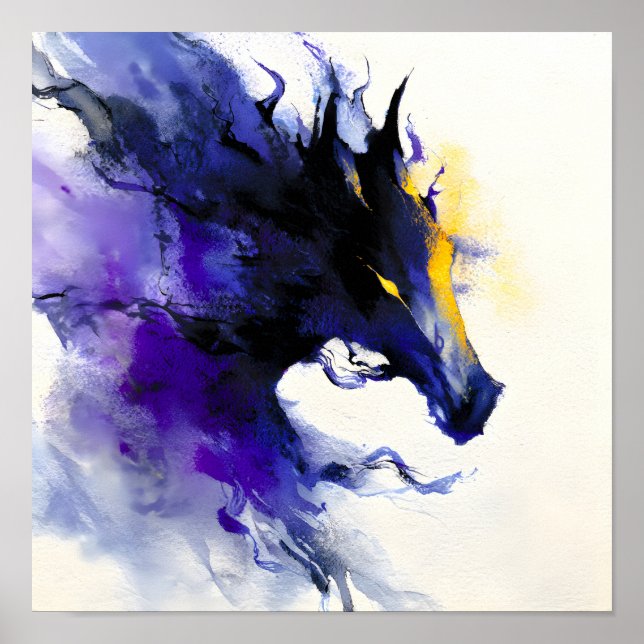 Póster Retrato de caballo negro en acuarela abstracta (Frente)