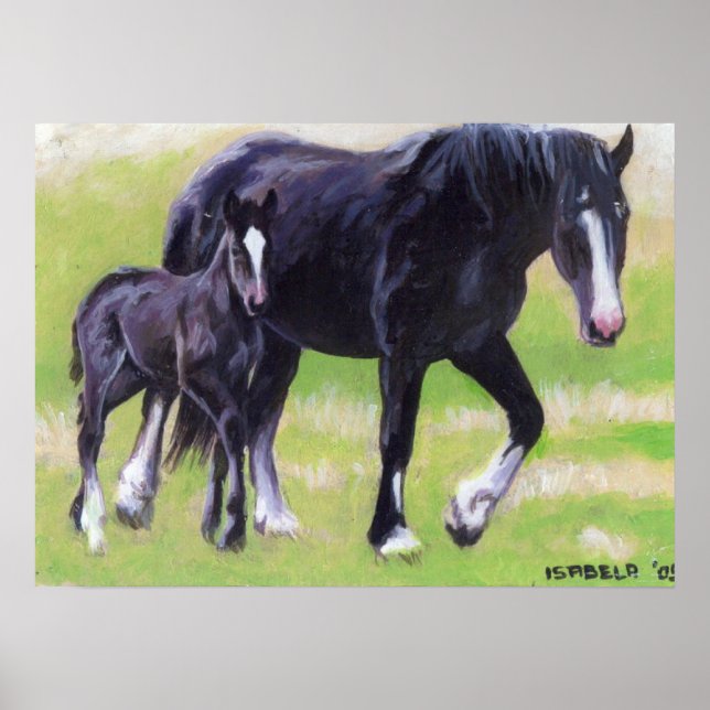 Póster Retrato de caballos Clydesdale Mare y Foal (Frente)