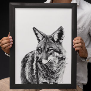 Póster Retrato de Cabeza de Coyote Blanco Negro Animal