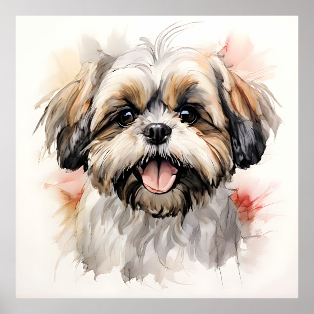 Póster Retrato de cachorroro Shih-tzu feliz con tinta (Frente)