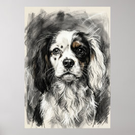 Póster Retrato de Cavalier King Charles Spaniel en carbón