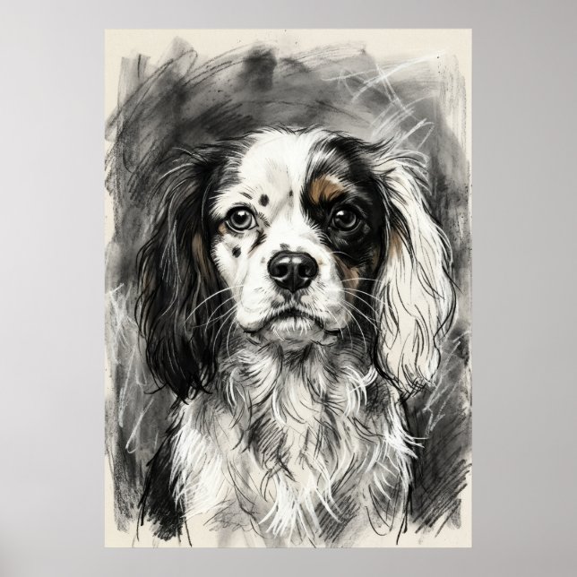 Póster Retrato de Cavalier King Charles Spaniel en carbón (Frente)