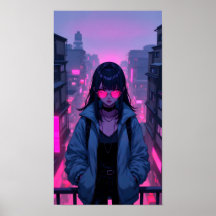 Retrato de chica ciberpunk rosa neón en la ciudad