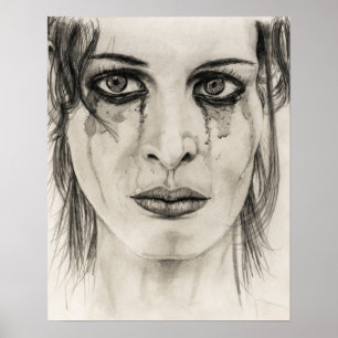 Póster Retrato de chica llorando - Dibujo a lápiz
