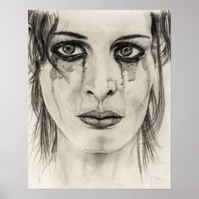 Póster Retrato de chica llorando - Dibujo a lápiz (Frente)