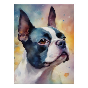 Póster Retrato de color de agua digital de Boston Terrier