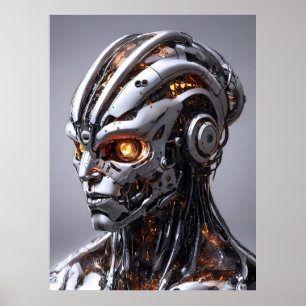 Póster Retrato de Cyborg Chrome Naranja Resplandor Cienci