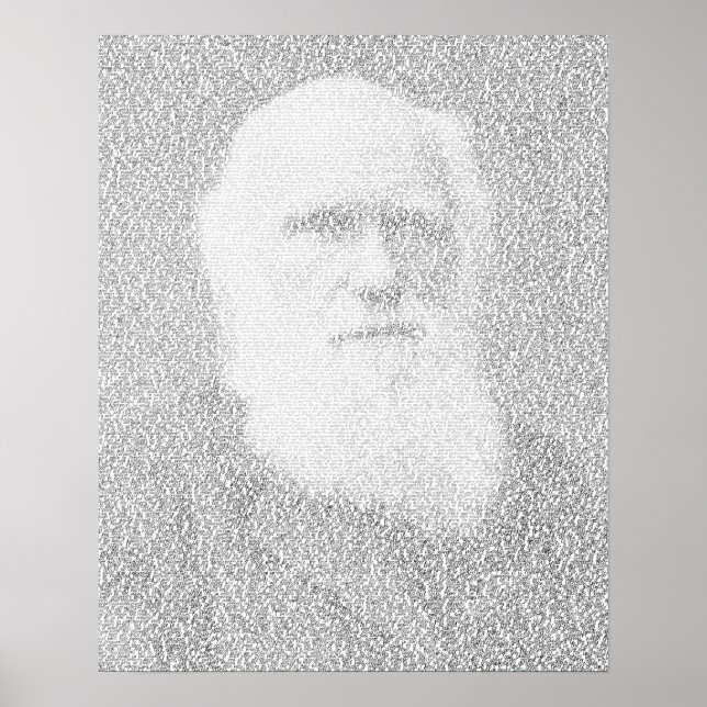 Póster Retrato de Darwin hecho con el texto "Origen de la (Frente)