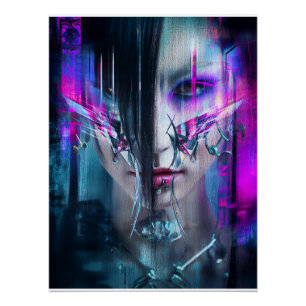 Póster Retrato de distorsión neón cara ciberpunk con fall